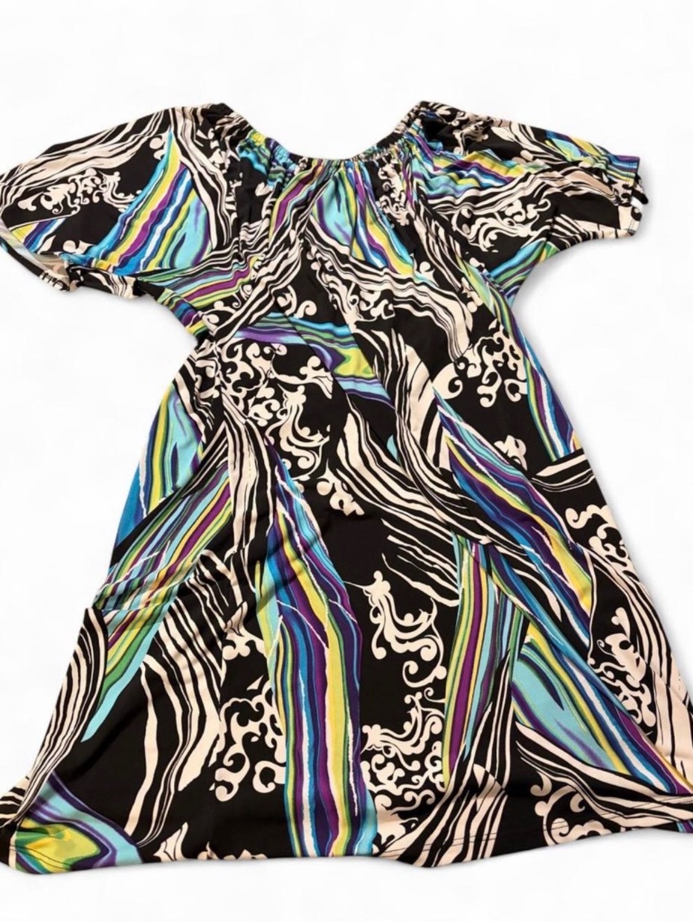 Women’s Black Multi-Color Patterned Off-Shoulder Dress